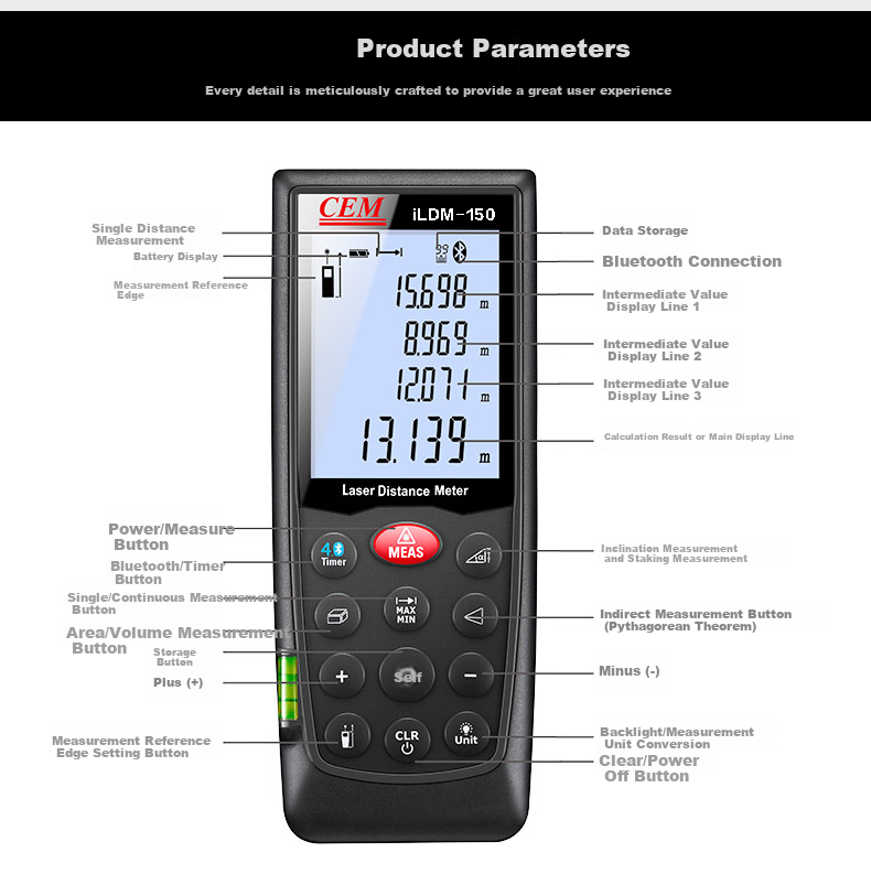 CEM LDM-40C Laser Distance Meter High-Precision Infrared Measuring Device Electronic Ruler Voice Playback USB Rechargeable 40m 11