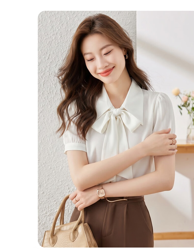 Jeanswest Women's Summer Shirt with Ribbon Tie, Formal Wear, Premium Inner Layer, Interview and Professional Commuting Top, White Short Sleeve, 2XL 13