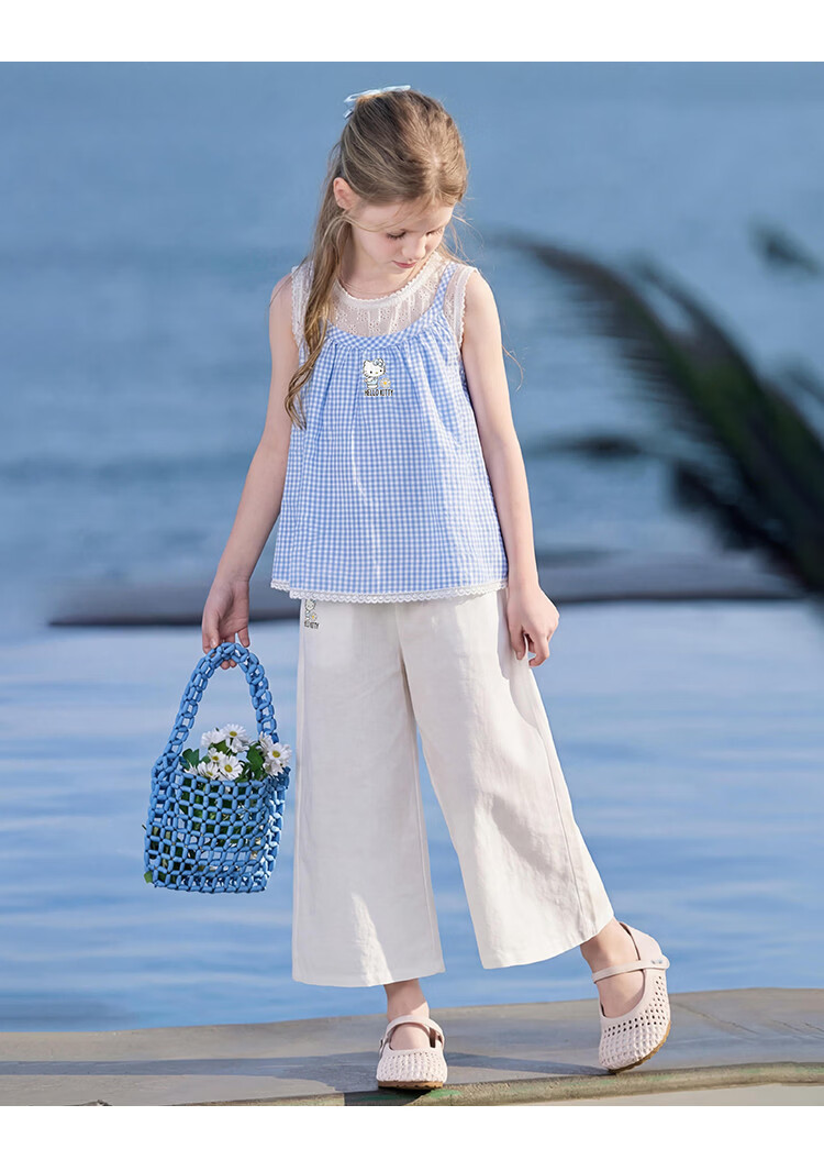 Hello Kitty Girls Summer Salt Style Fresh Plaid Cartoon Set 2026 New Loose Sleeveless Outfit for Older Kids 8