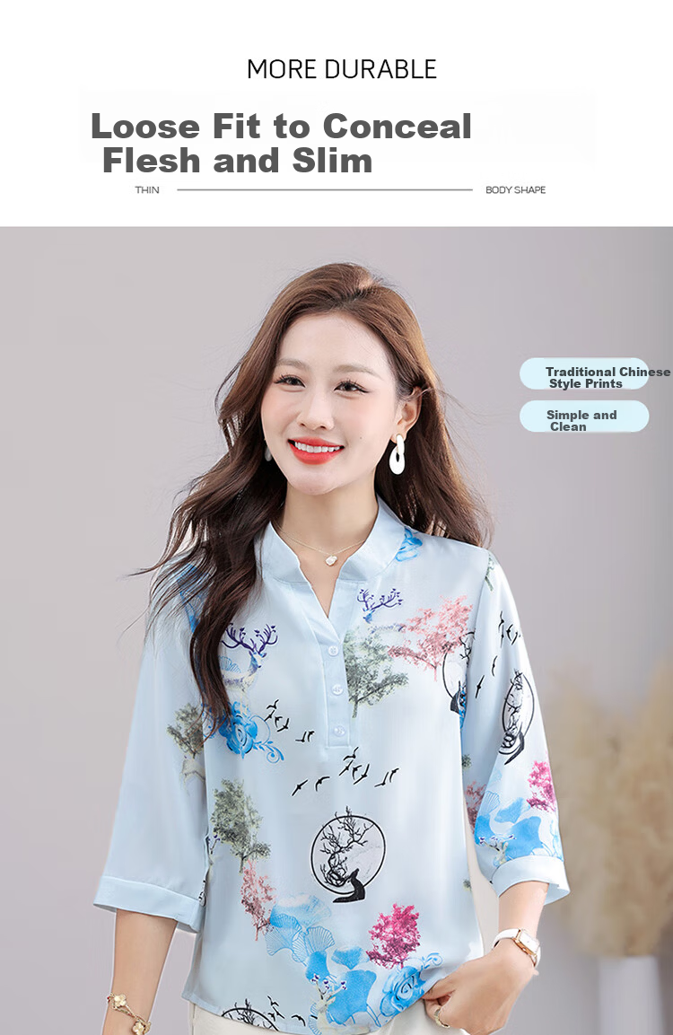 Woodpecker Women's Short Sleeve T-Shirt Casual Floral Shirt Middle-aged and Elderly Mom Loose Elegant Top Summer Blue 2XL 4