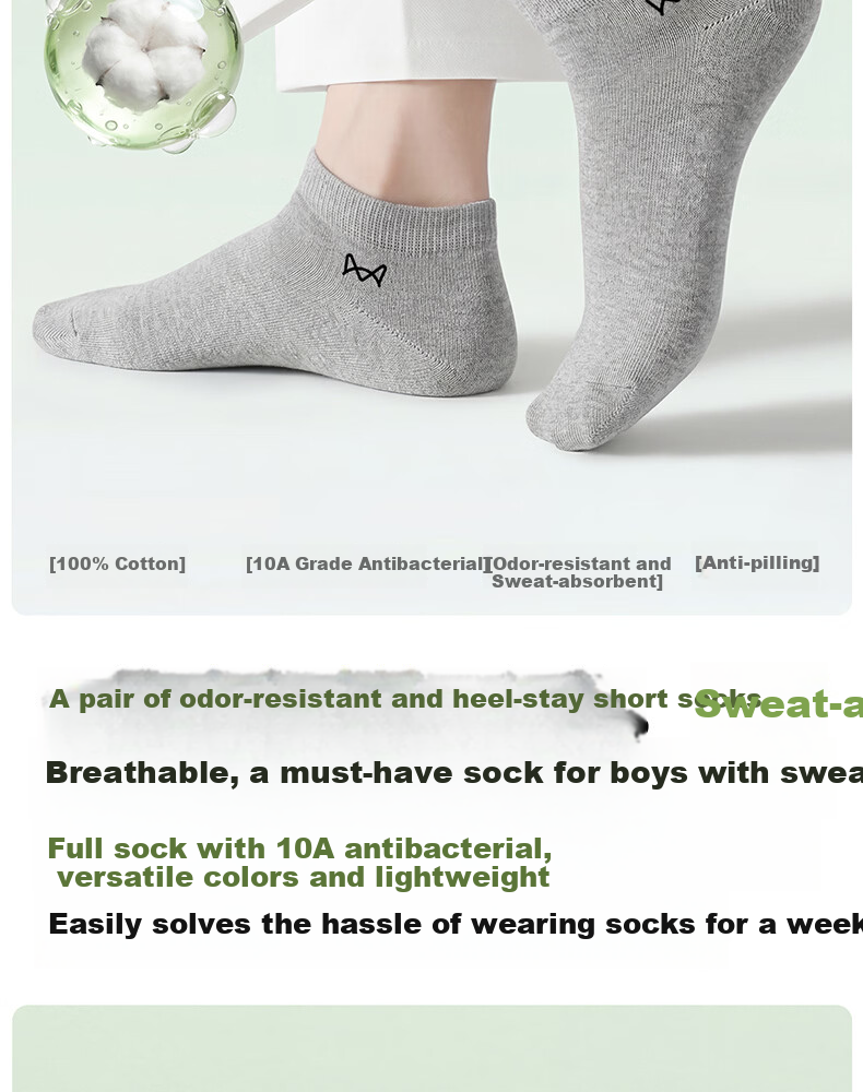 Miiow Men's Socks Short Summer 100% Cotton Sweat-Absorbent 10A Antibacterial Odor-Resistant Casual Business No-Show Socks 10 Pairs 2