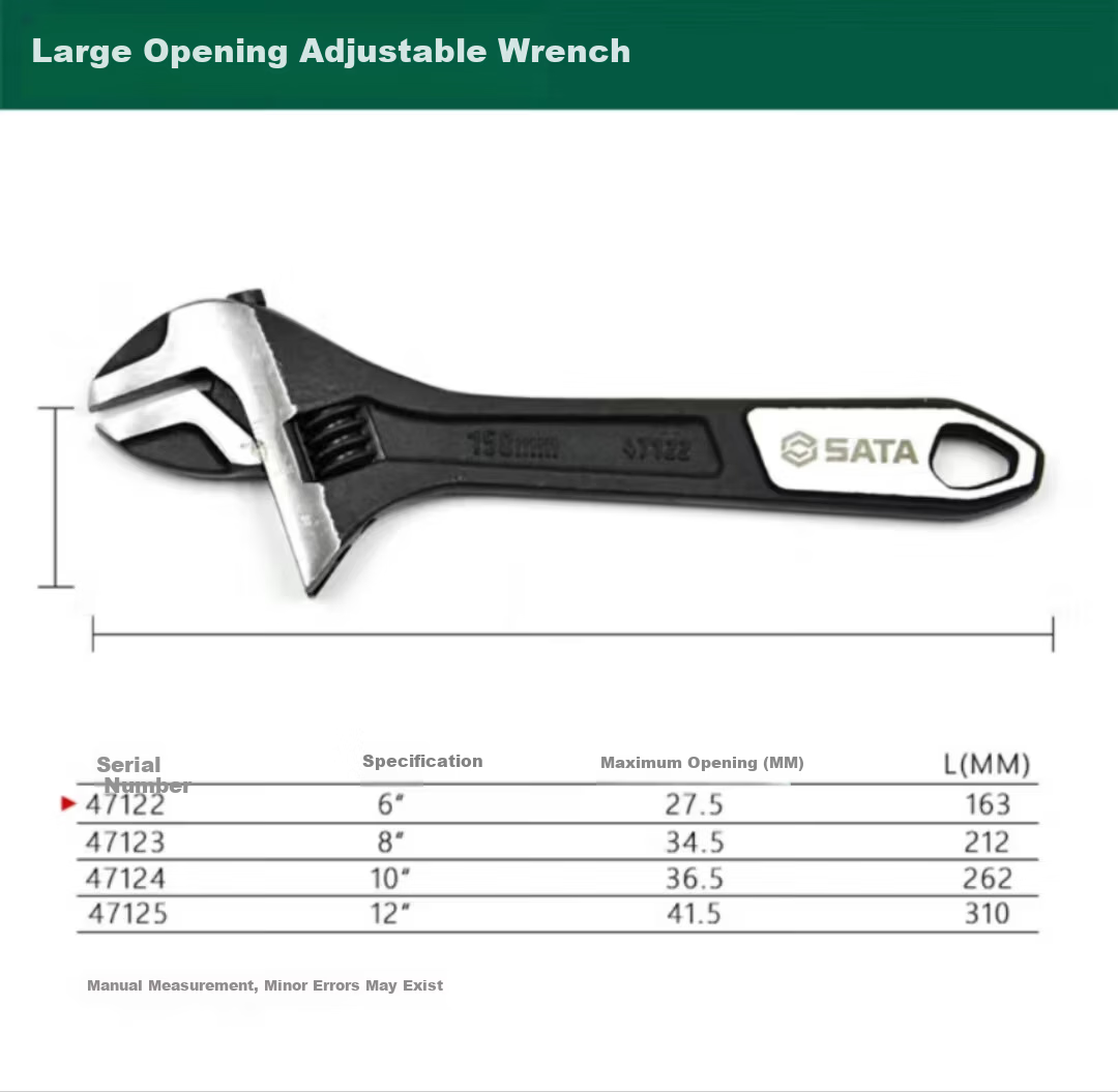 SATA Adjustable Wrench Industrial Grade Chrome Vanadium Steel Large Opening 6" 47122 3
