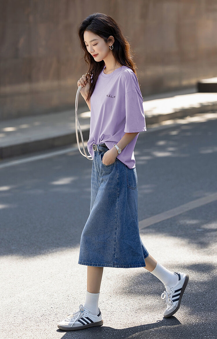 Demana [Comfort 180G Pure Cotton] Summer Simple Style Letter Print Loose Fit Women's 5-Sleeve T-Shirt 38