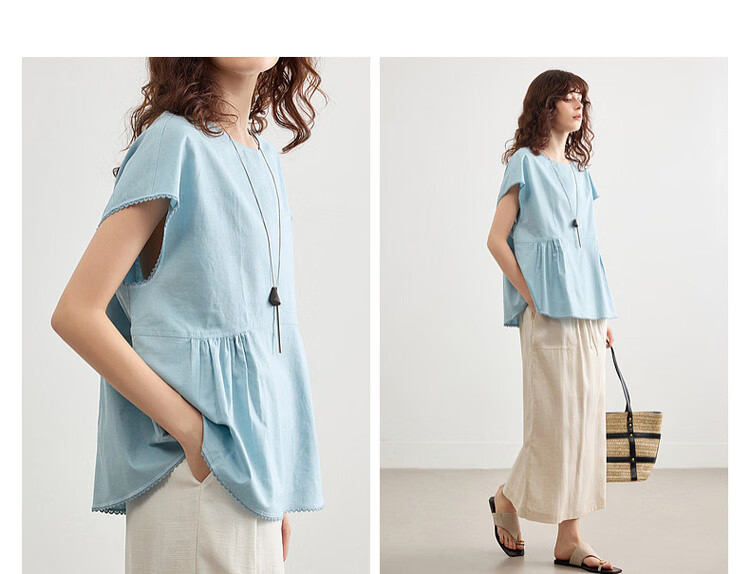 Demana [with Flax Cloud Cotton] Summer Simple Style Round Neck Covered Sleeve Lace Lightweight Loose Slim Shirt for Women Premium 8