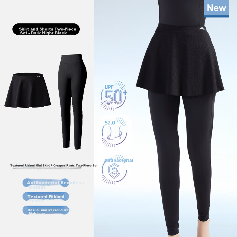 Anta Women's Sunscreen Swimsuit Slim Waist Long Sleeve Long Pants Surfing Jellyfish Suit Swimwear Dark Night Black Bottom 2XL