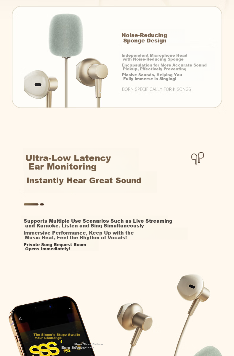 HP Wired Karaoke Headphones with Noise-Cancelling Microphone, Built-in Ear Return, Mobile Phone Wired Control, Recording Live Streaming Singing Sound Card Headset Type-C Milk Tea Color 8