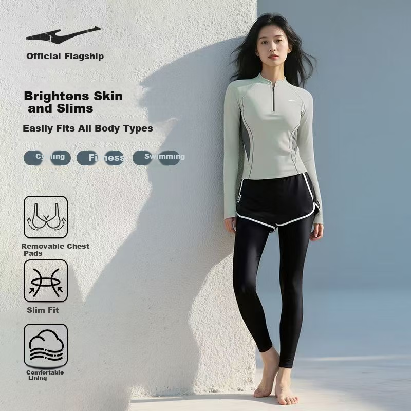 ERKE Women's Long Sleeve Two-Piece Slim Fit Swimwear Set for Swimming and Hot Springs