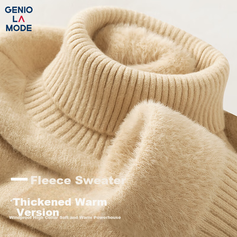 GENIOLAMODE Men's Fleece-Lined Turtleneck Sweater Winter Thick Warm Knitwear Beige L