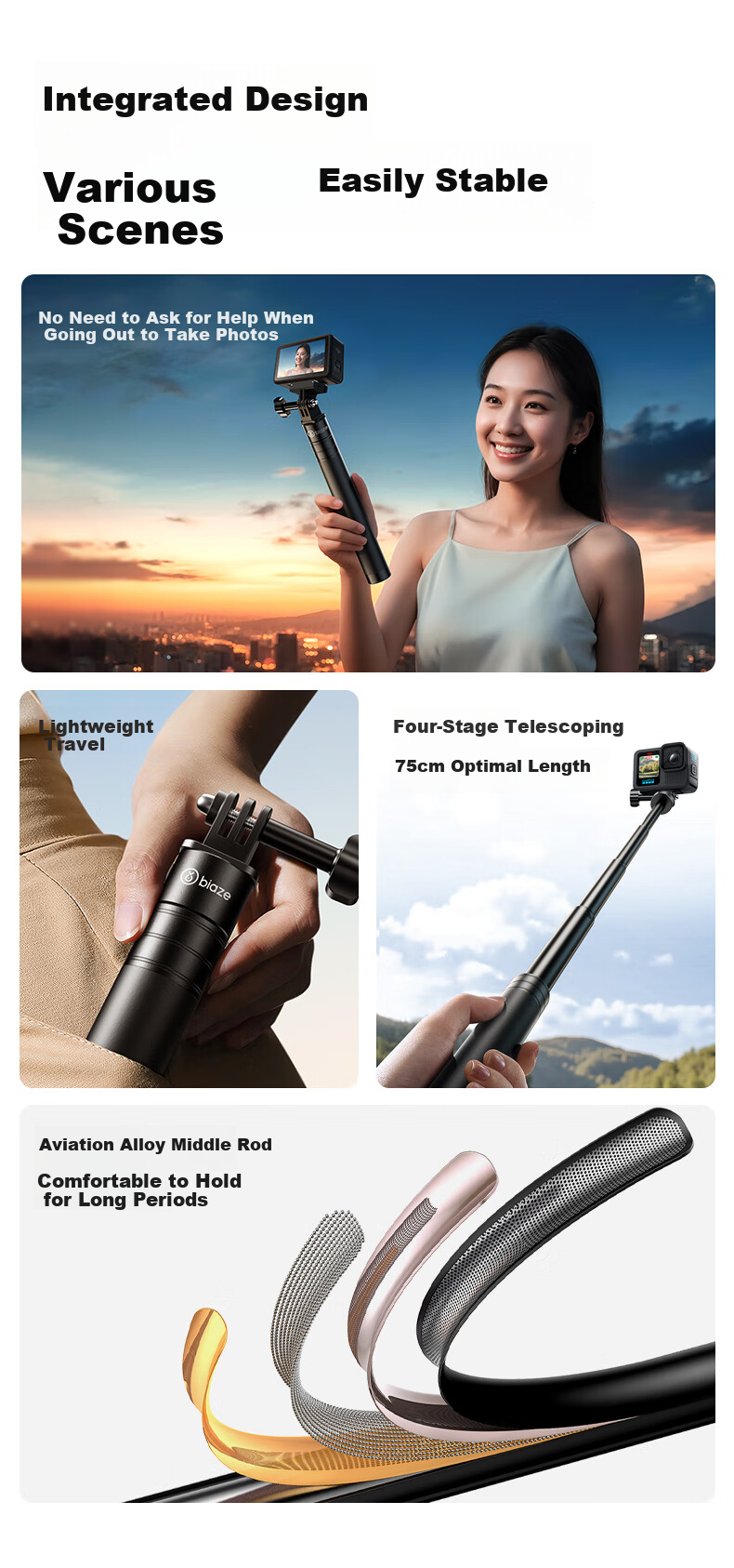 BIAZE Compatible with DJI Action 6/5 Pro/4 Handheld Gimbal, Action Camera 360 Ace Pro 2 Selfie Stick, Pocket 3/4 Mount, Invisible Selfie Stick for Photography, 75cm JS30 3
