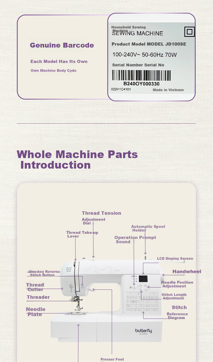 BUTTERFLY JD100SE Multifunctional Home Electronic Sewing Machine Desktop Quiet Thick Fabric 100 Stitch Patterns with Extension Table 12