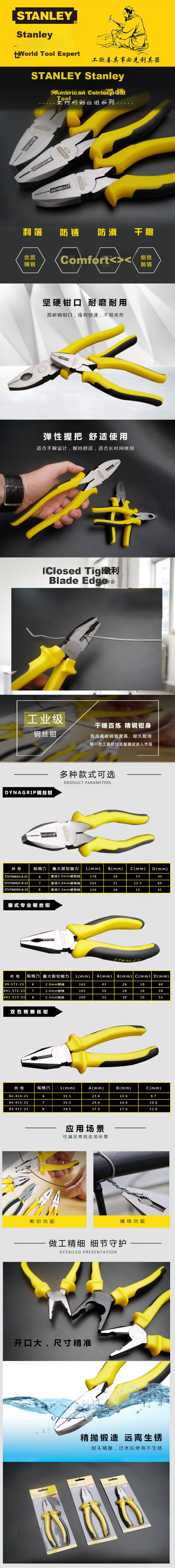 STANLEY Multi-Function German-Style Professional 7” Steel Wire Pliers Flat Nose Pliers 89-572-23 1