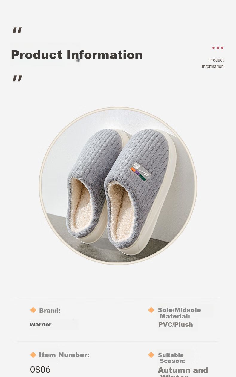 Warrior Men's Cotton Slippers Winter New Thick Sole Plush Warm Home Slippers 0806 Gray Size 40-41 9