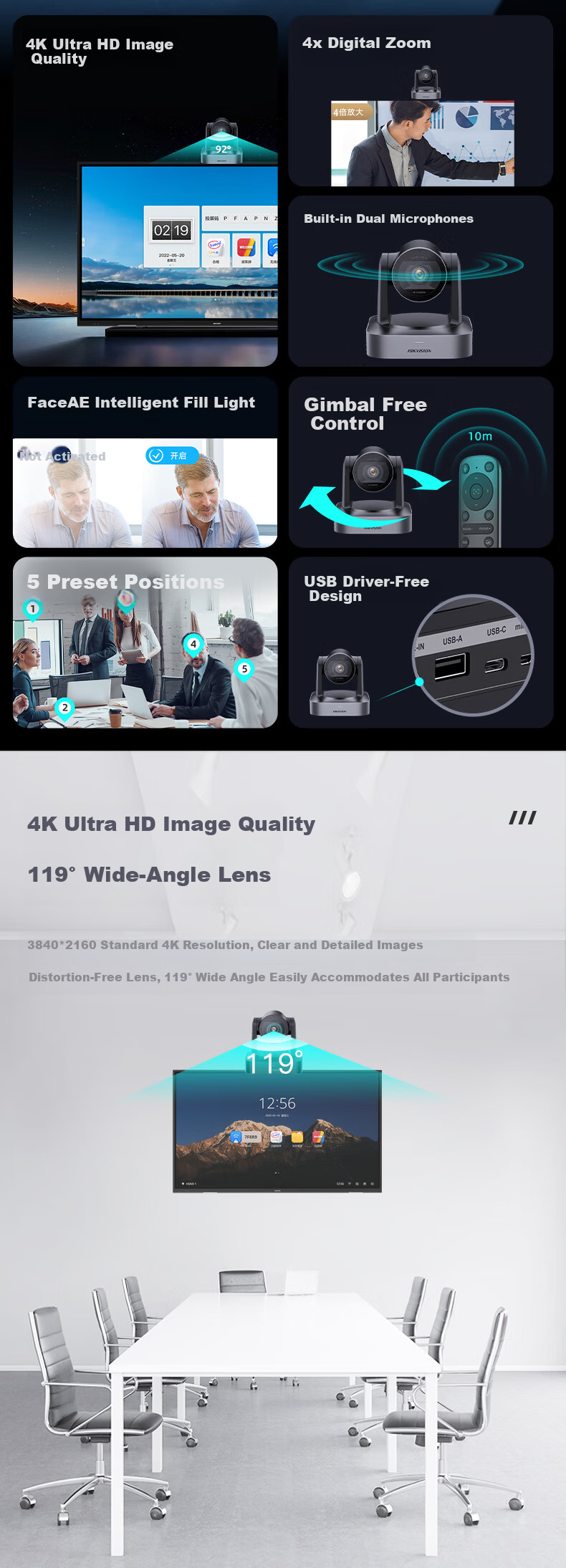 Hikvision 4K Ultra HD Live Streaming Camera with Autofocus, 119° Wide Angle, Bluetooth Remote Control, PTZ, Remote Video Conference Solution for Office and Live Commerce 3