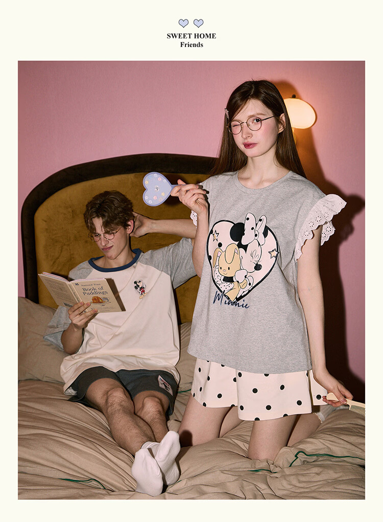 Gukoo Couples Pajamas Women's 2026 New Summer Disney Collaboration Cotton Pajamas Men's Homewear Light Gray S 20