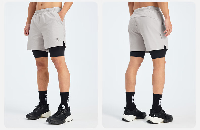 KELME Quick-Dry Men's Running Training Fitness Compression Antibacterial Two-in-One Sports Shorts Agate Black S 17