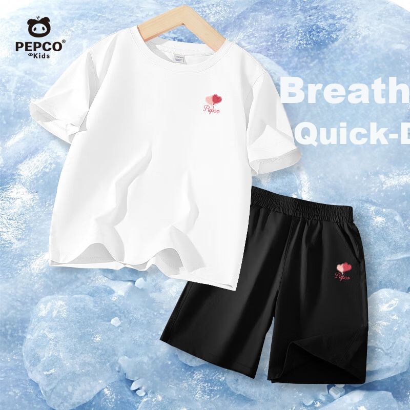 PEPCO Girls' Set 2026 Summer Thin Ice Silk Quick-Dry Short Sleeve Sports Shorts Two-Piece Set for Older Children