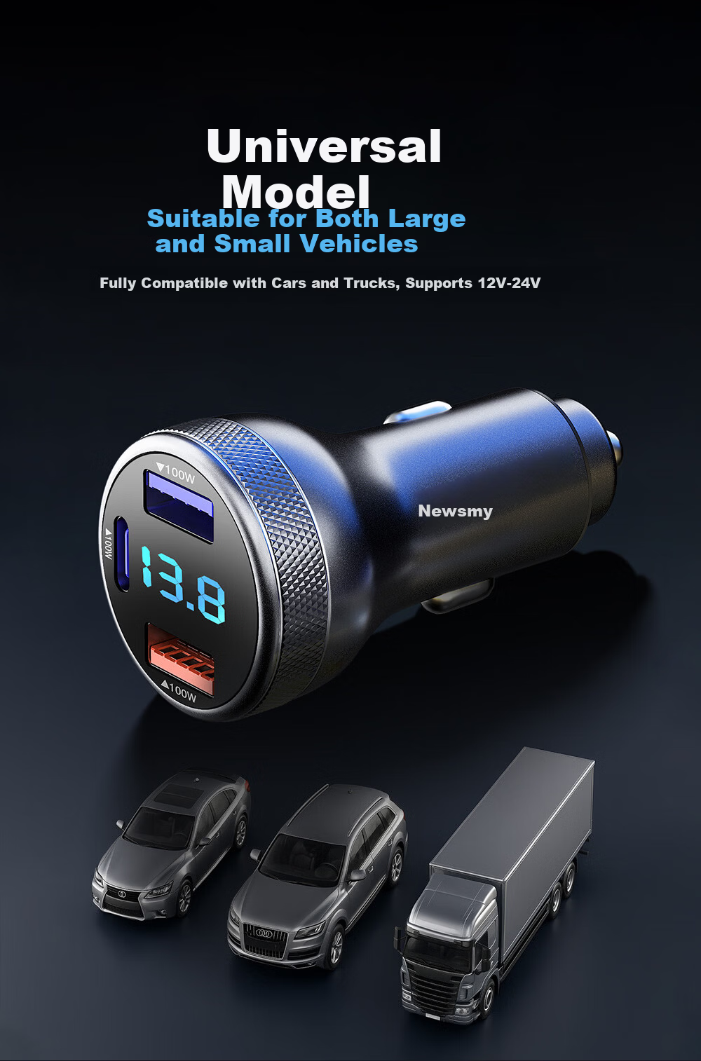 Newsmy 100W Super Fast Car Charger with Cable, Triple USB Port Cigarette Lighter Adapter, Type-C High Power Car Charger Compatible with Apple 17 11