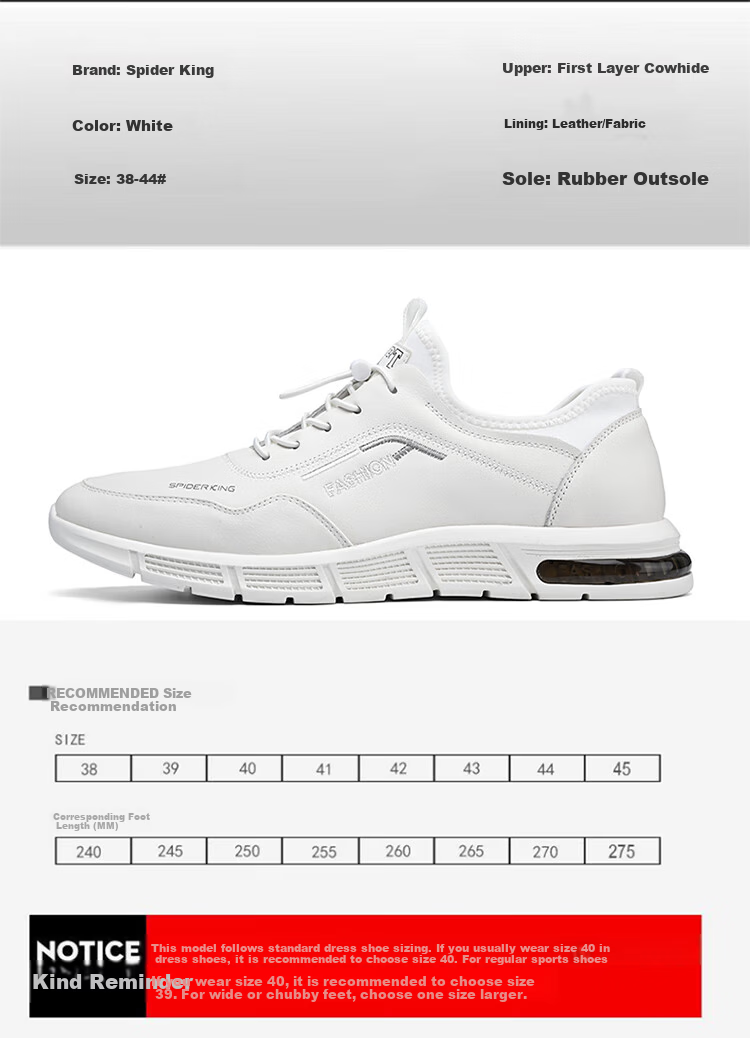 SPIDER KING Men's First Layer Cowhide Soft Surface Soft Sole Sports Shoes Lightweight Durable Casual Shoes 02965 White Size 40 6