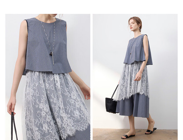 Demana [Cloud Oxygen Cotton Series] Summer Retro Plaid Lace Splice Sleeveless Flared Slim Fit Designer Women's Dress 7