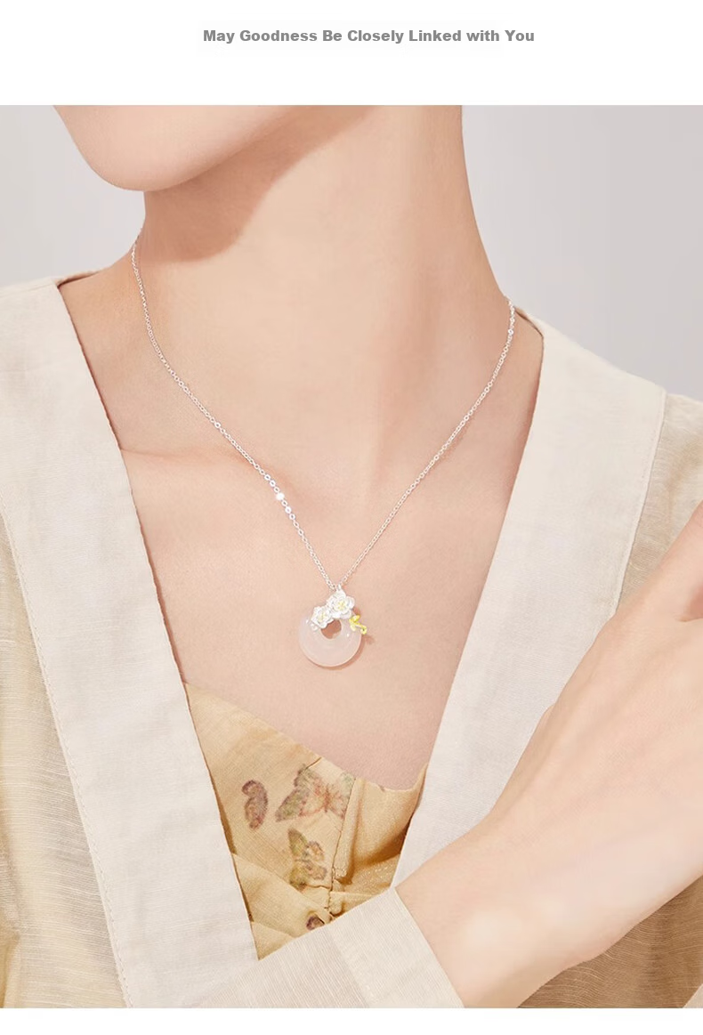 Chow Tai Fook Camellia Silver Necklace for Women Luxury Peace Jade Pendant 520 Birthday Gift for Girlfriend 8
