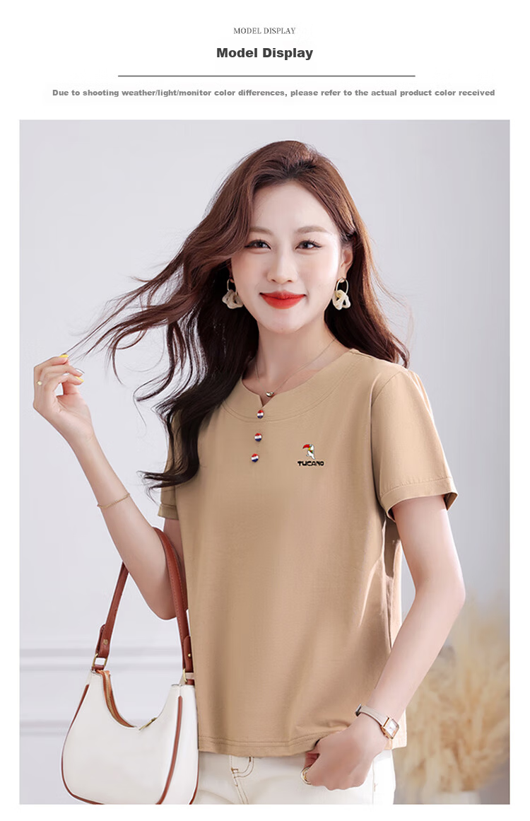 TUCANO Women's Pure Cotton Short Sleeve T-Shirt Summer New Round Neck Shoulder Sports Casual Slim Fit Top Dusty Pink 2XL 11