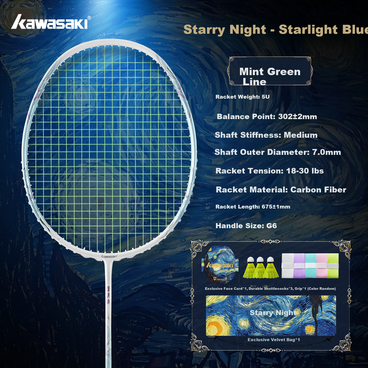 KAWASAKI Starry Night Full Carbon Ultra-Light 5U Offensive Badminton Racket Single Racket Starshine Blue Mint Green String