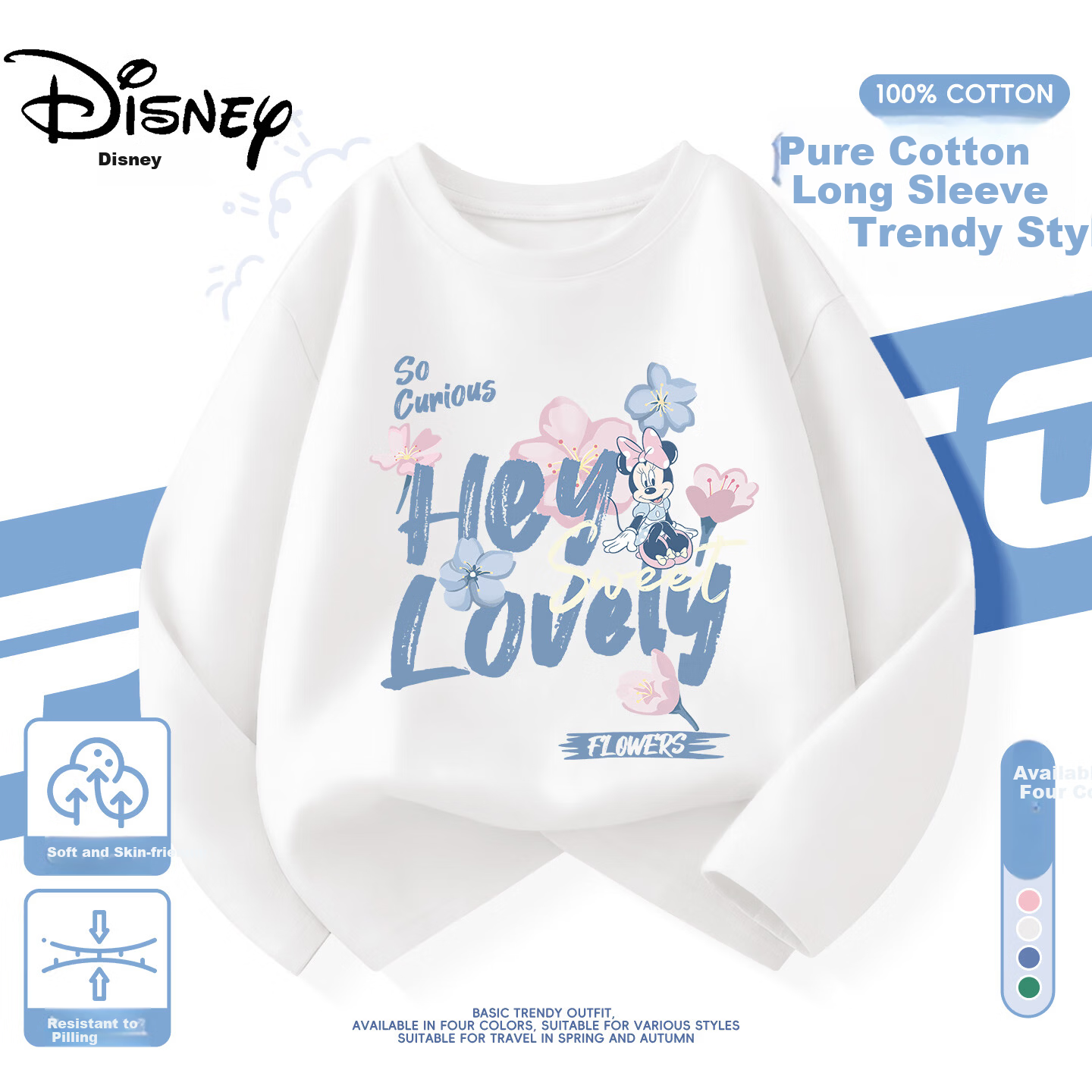 Disney Kids Cotton Long Sleeve T-Shirt 2026 Spring New Cute Girls Top Stylish Boys Base Shirt