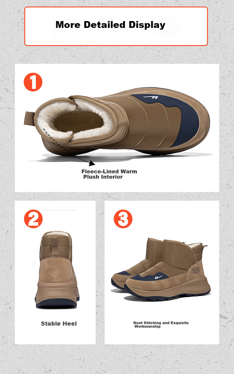 Warrior Official Men's Snow Boots 2025 Winter Fleece Lined Warm Shoes Thick Sole Casual Cotton Shoes Brown Size 44 7
