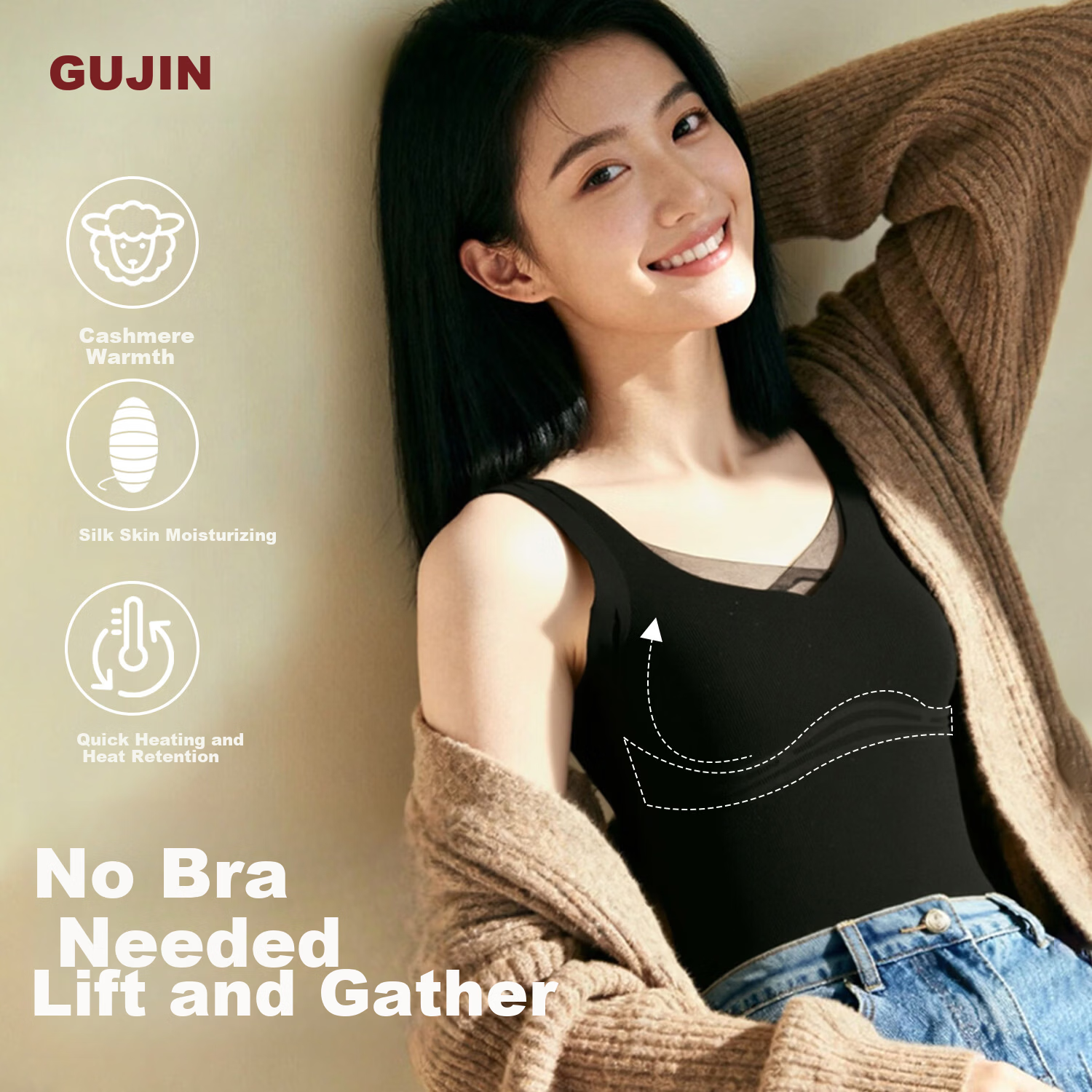 GUJIN Autumn Winter Warm Vest for Women with Built-in Chest Pad Wool Silk and German Velvet Underwear Bra-Free New Base Layer Shirt