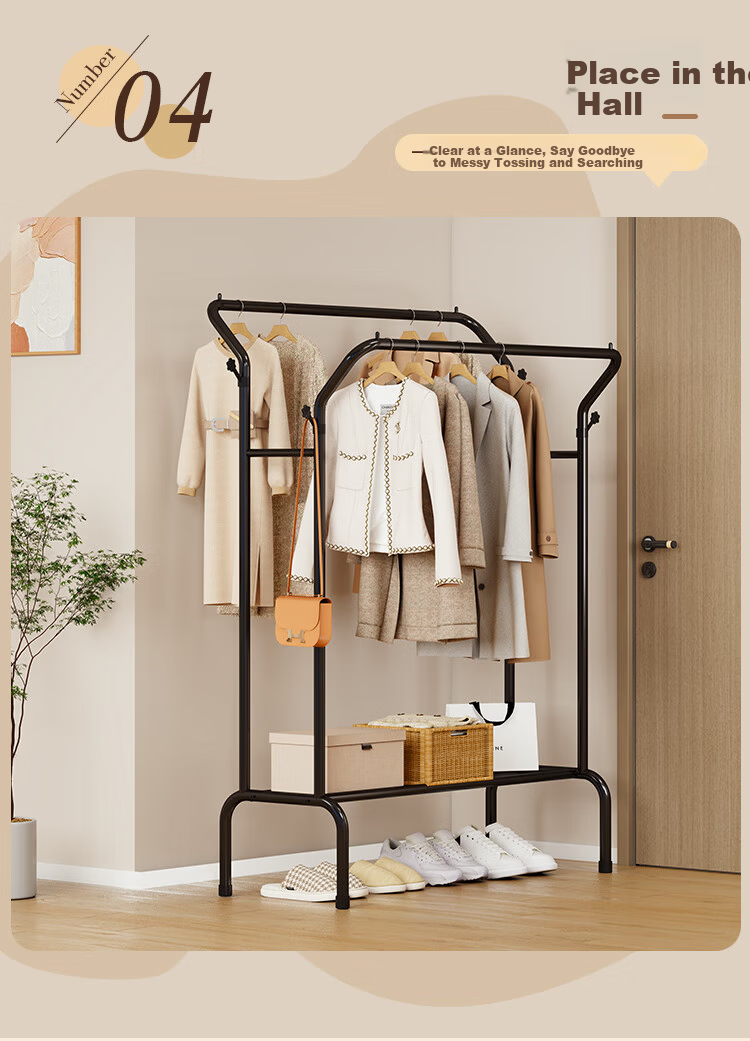 Colorful Life Floor Standing Coat Rack Double Pole Hanger Bedroom Living Room Movable Clothes Storage Rack 1100-BK2 2