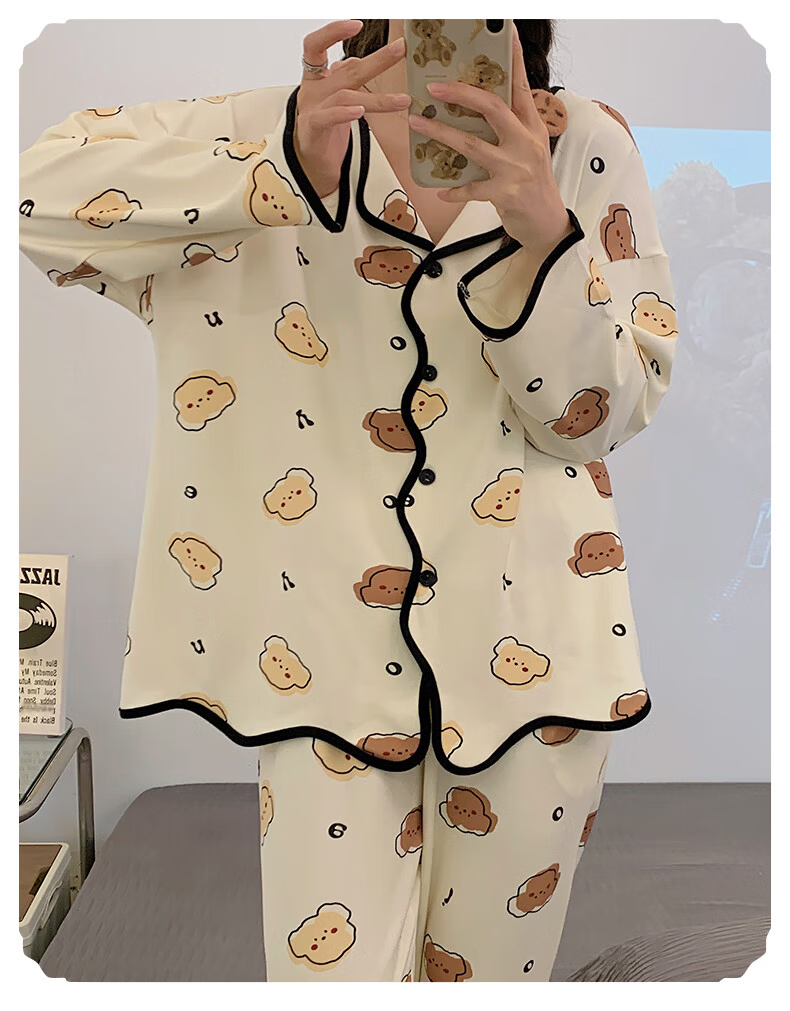Hug Cotton Women's Pajamas Cartoon V-Neck Cardigan Loose Long Sleeve Long Pants Two-Piece Set Homewear Bear M 12