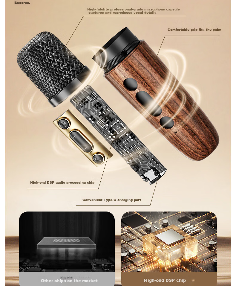 IKF M1 Wireless Karaoke Microphone Speaker All-in-One Home KTV Outdoor Bluetooth Speaker Wood Grain Brown 13