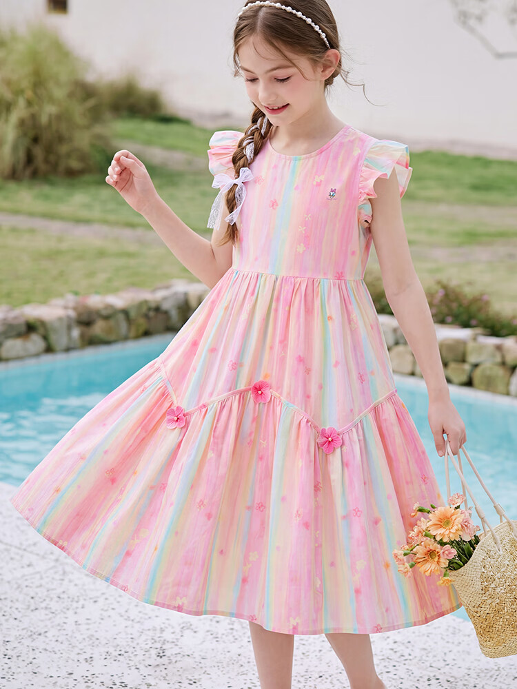 Disney Girls' Summer Cotton Floral Dress Lightweight Princess Dress for Older Children 1A061 Pink Size 160 5