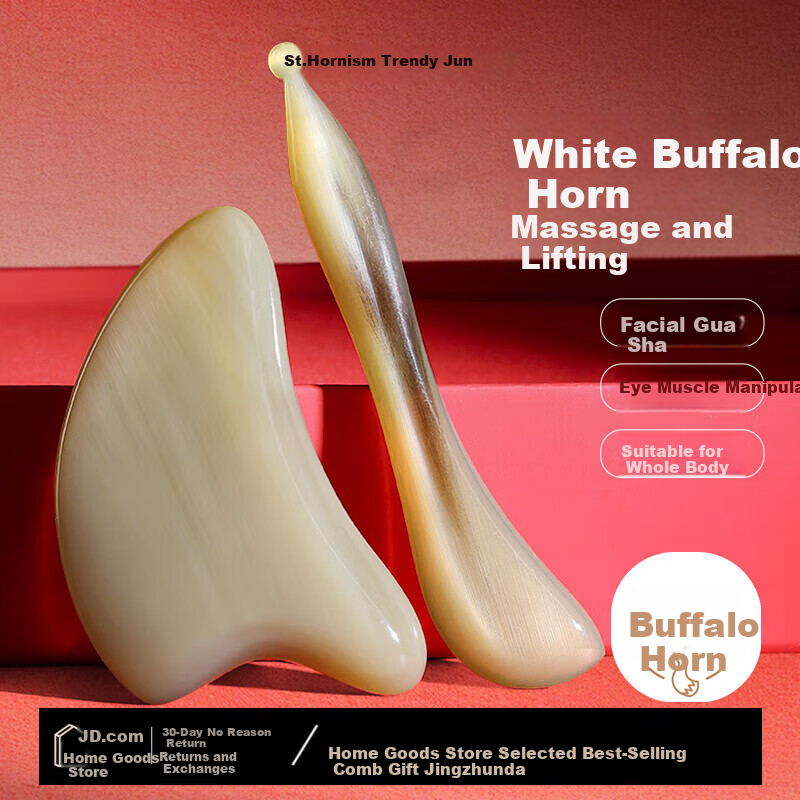 Chaojun Authentic Natural White Buffalo Horn Gua Sha Board Facial and Full Body Universal Shoulder Neck Massage Scraping Face Tool Meridian Scraper Lifting Stick