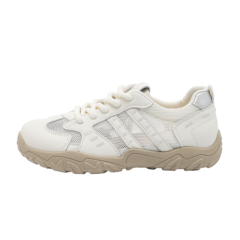 La Chapelle Women's Mesh Sports Shoes Casual Versatile Trainer Soft Sole White Sneakers Beige Silver Size 37