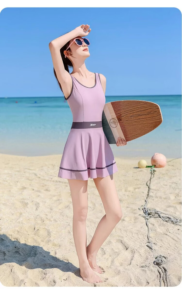 Xtep Women's Sleeveless One-Piece Swim Dress Slimming Tummy Control Conservative Beach Vacation Versatile Swimsuit 8