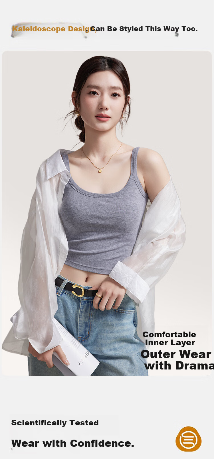 Herbal Natural Color Silk Camisole with Built-in Bra Pads, Women's Summer White Square Neck Outerwear Tank Top 2