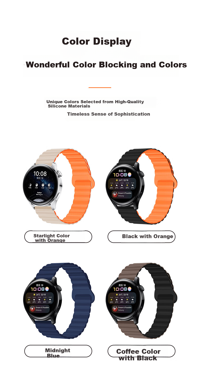 Masisi Compatible Huawei Watch Band for Watch5/4/3/GT6/5/GT4/3/2/Pro/Honor Magic2/OPPO Watch4Pro/X Magnetic Silicone Black with Orange 22mm 2