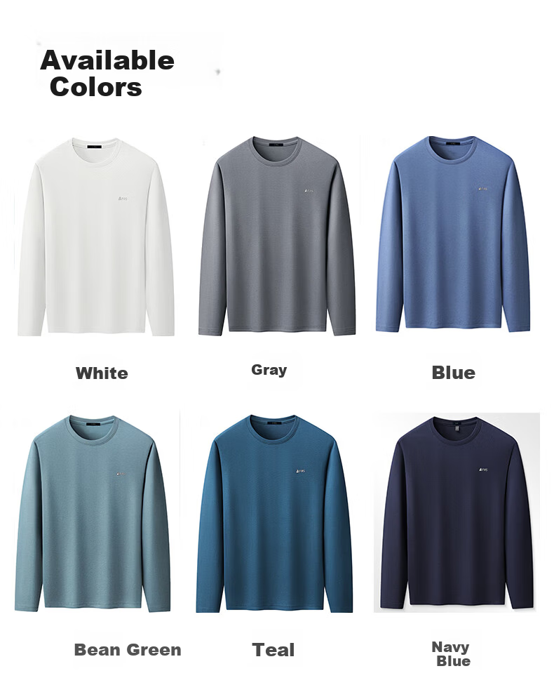 FIRS Men's Long Sleeve T-Shirt with Mulberry Silk, Spring and Autumn Round Neck Pure White Cotton Base Shirt 2