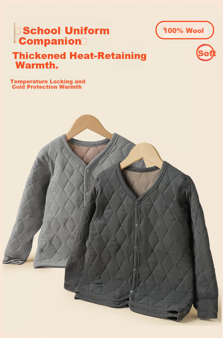 Caiyue Kids Thermal Underwear 100% Wool Filled Boys Autumn Winter Fleece Thickened School Uniform Top for Older Children 1