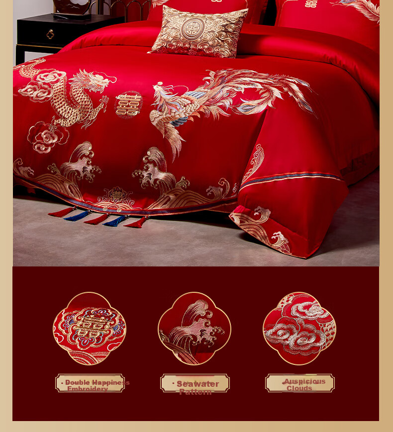 SILKUEEN Wedding Bedding Set, Pure Cotton Sateen Four-Piece Set, Wedding Celebration, Bright Red, Wedding Room, Double Happiness Quilt And Duvet Cover Set, 200*230cm 4