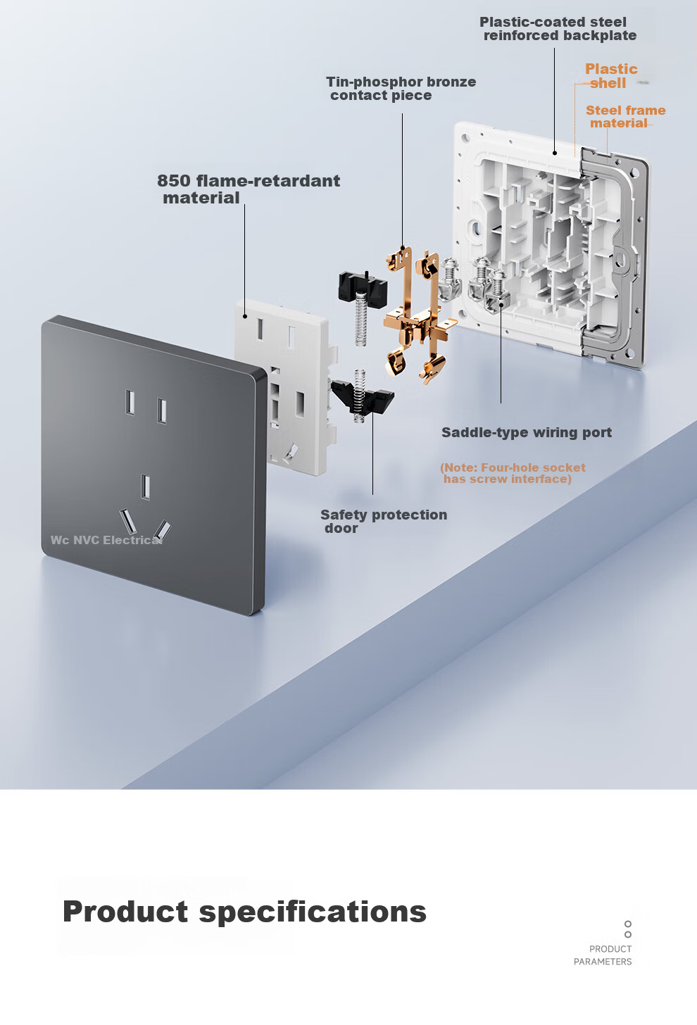 NVC Lighting Electrical Switch Socket Three-Hole 16A Socket Air Conditioner Socket 86-Type Ultra-Thin Panel N29 Misty Gray 25