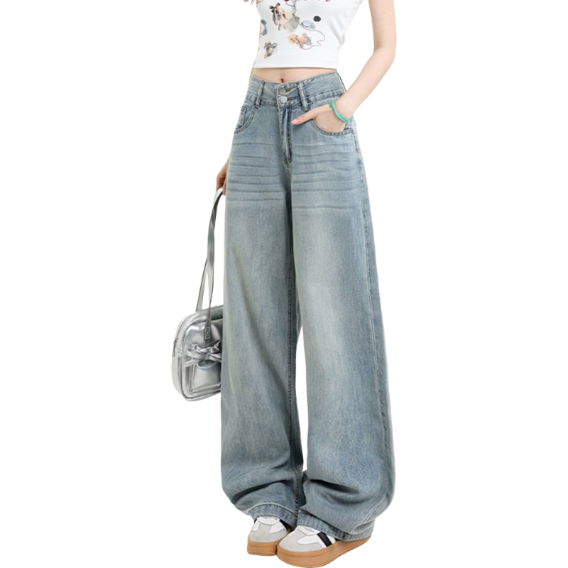 Jeanswest High Waist Women's Jeans 2026 Spring Summer Lightweight Silky Slim Wide Leg Long Pants Denim Blue S