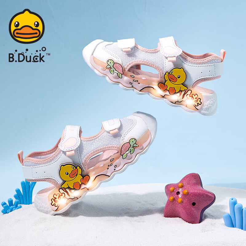 B.Duck Kids Yellow Duck Children's Sandals Summer Boys Girls Closed-Toe Anti-Collision Beach Light-Up Shoes 3907 White Purple Size 25