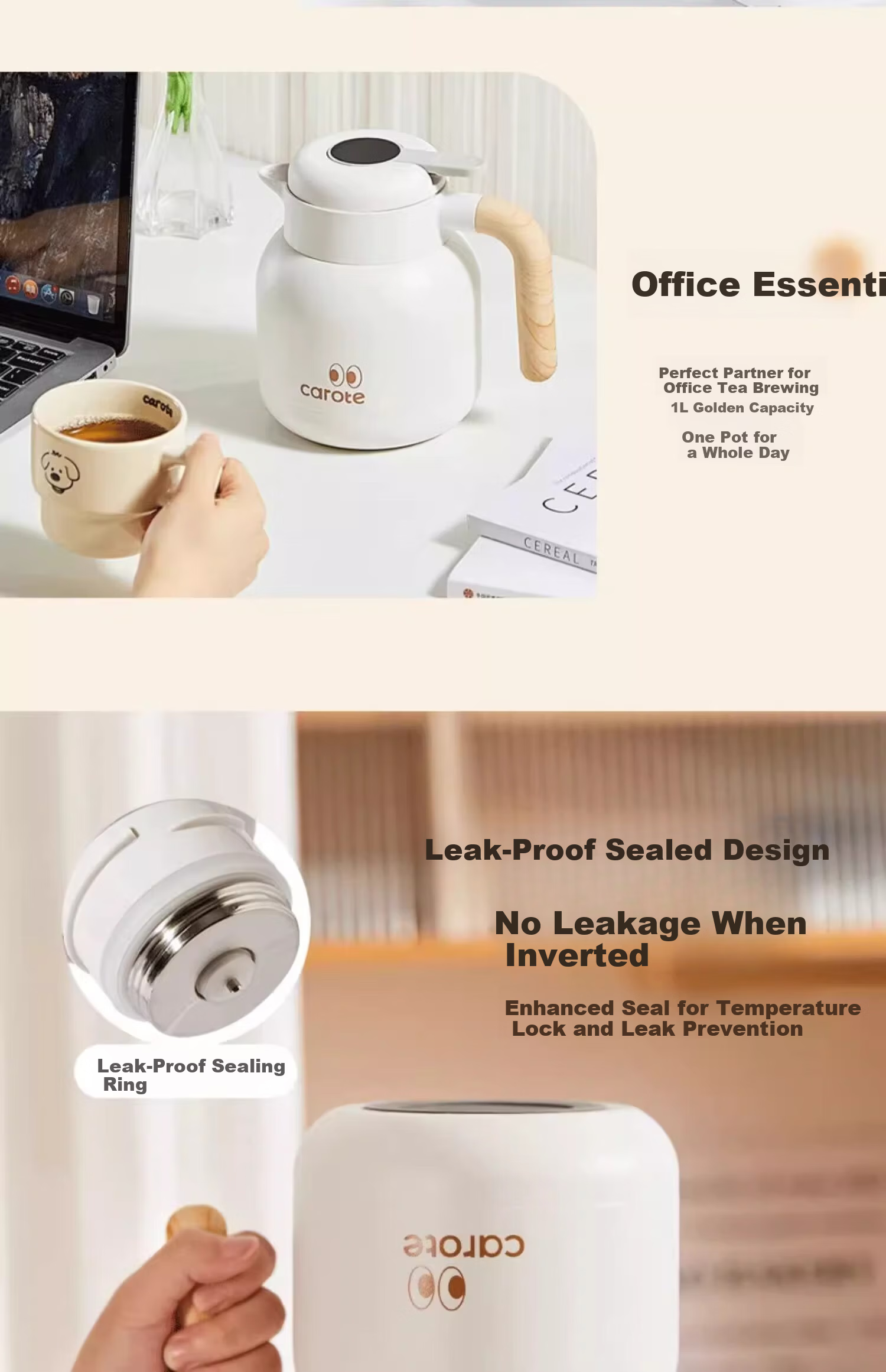 Carrot Stainless Steel Insulated Thermos Flask 1L Large Capacity Home Office Tea Steeping Pot with Tea Compartment 5