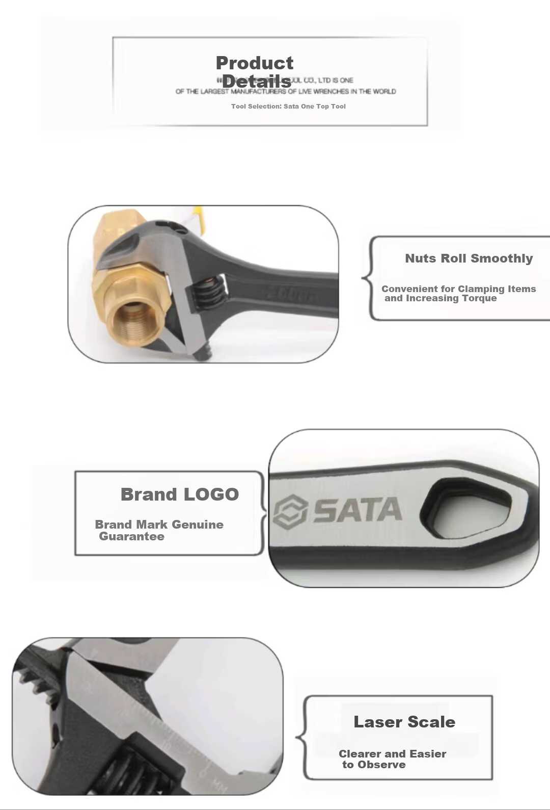 SATA Adjustable Wrench Industrial Grade Chrome Vanadium Steel Large Opening 6" 47122 10