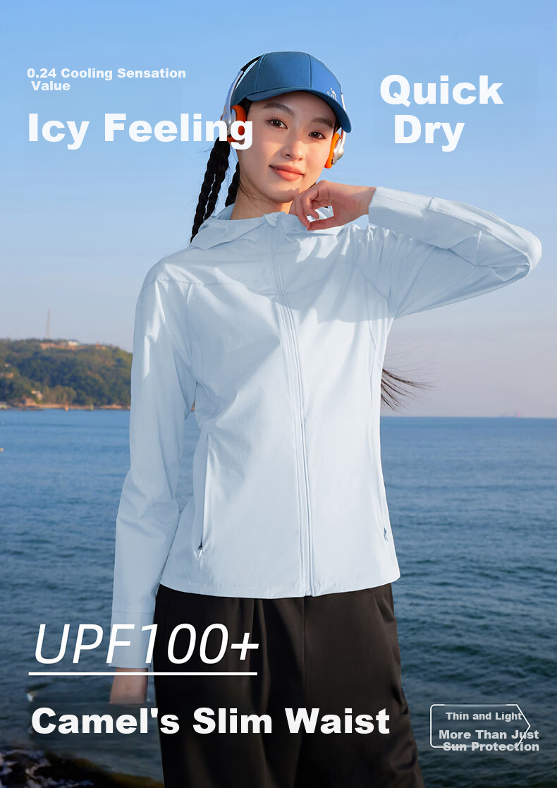 CAMEL Women's Sports Sun Protection Jacket Ice Cool Quick-Dry Outdoor Slim Fit Hooded Coat C26BZ0L7046 Phantom Black XXL 1