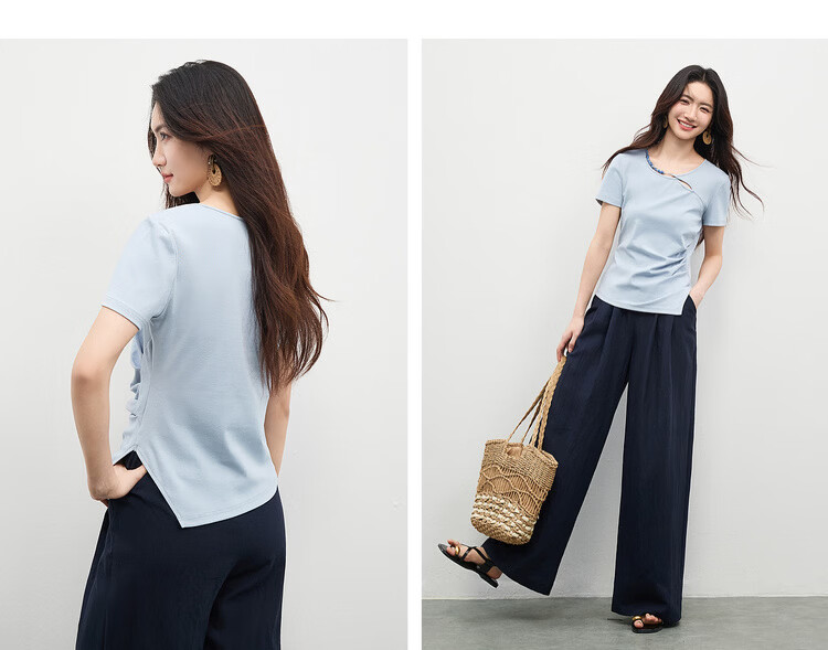Shangdu Bila Cotton Blend Pleated Slim Fit T-Shirt Women Spring Summer Designer Round Neck Hollow Out Asymmetric Overlap Irregular Split Top 14