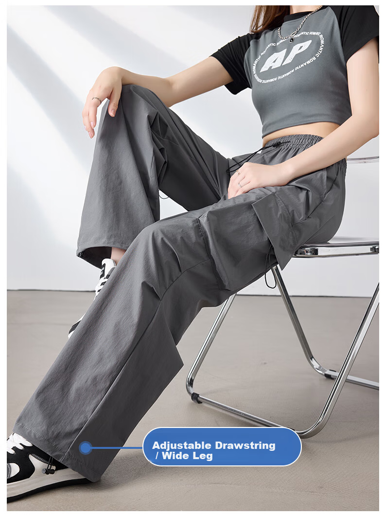 Langsha Women's American Style Parachute Work Pants Spring Summer Thin High Waist Wide Leg Loose Straight Casual Outdoor Sports Pants 10
