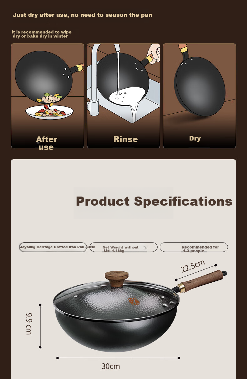 Joyoung Wok, Heritage Craftsmanship Iron Pan, 0 Coating, Rust-Resistant, Corrosion-Resistant, Hammered Texture, Non-Stick, No Seasoning Required, 30cm, Specially for Open Flame Cooking 17